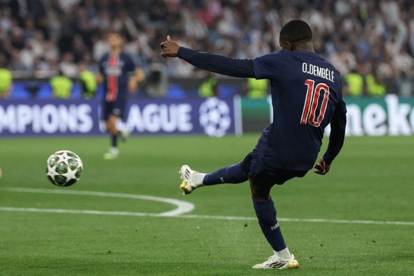 Paris Saint-Germain's French forward #10 Ousmane Dembele shoots towards goal during the UEFA Champions League final football match between Paris Saint-Germain (PSG) and Inter Milan in Munich, southern Germany, on May 31, 2025.  FRANCK FIFE / AFP