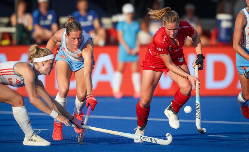 Belgium's Alix Gerniers fights for the ball during a hockey game between Belgian national team Red Panthers and Netherlands, Thursday 25 June 2026 in Wavre, match 14/16 in the group stage of the women's FIH Pro League competition. BELGA PHOTO VIRGINIE LEFOUR