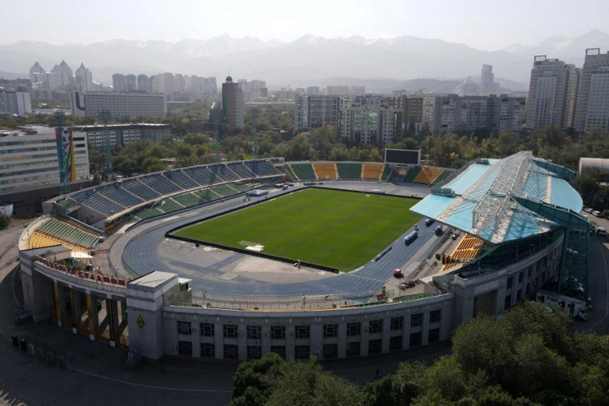 This photograph shows the Almaty Ortalyk stadion on the eve of the team's UEFA Champions League first round day 2 football match between Real Madrid and Kairat Almaty at Almaty Ortalyk stadion in Almaty on September 29, 2025.  Ruslan PRYANIKOV / AFP