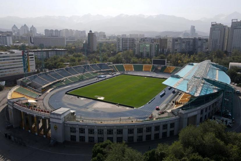 This photograph shows the Almaty Ortalyk stadion on the eve of the team's UEFA Champions League first round day 2 football match between Real Madrid and Kairat Almaty at Almaty Ortalyk stadion in Almaty on September 29, 2025.  Ruslan PRYANIKOV / AFP