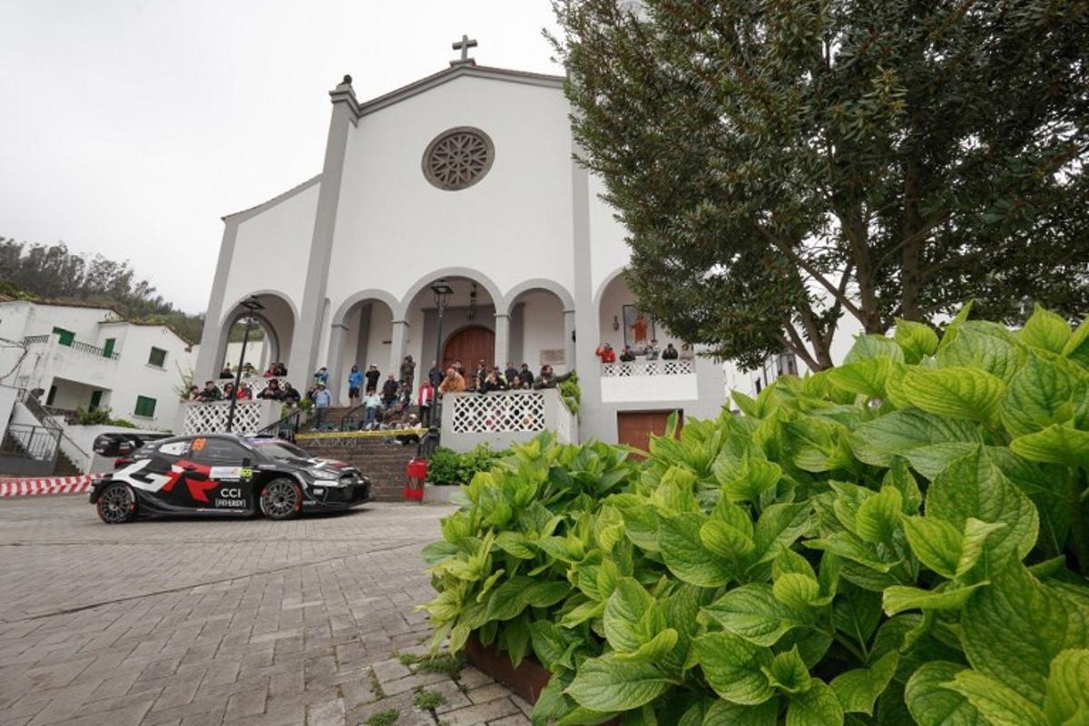 Kalle Rovanpera of Finland and his co-driver Jonne Halttunen of Finland compete in their Toyota GR Rally 1 during the SS10 special Moya-Galdar of the World Rally Championship (WRC) Rally Islas Canarias on the Spanish Canary island of Gran Canaria, on April 26, 2025.  Manaure QUINTERO / AFP