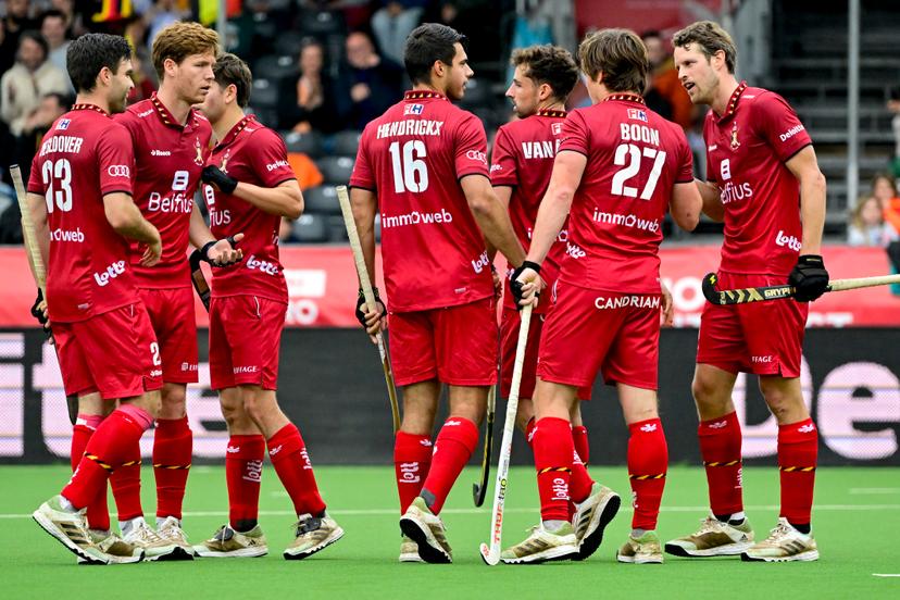 The Red Lions celebrate during a hockey game between Belgian national team Red Lions and Spain, match 11/16 in the group stage of the 2024 Men's FIH Pro League, Saturday 01 June 2024, in Antwerp. BELGA PHOTO DIRK WAEM