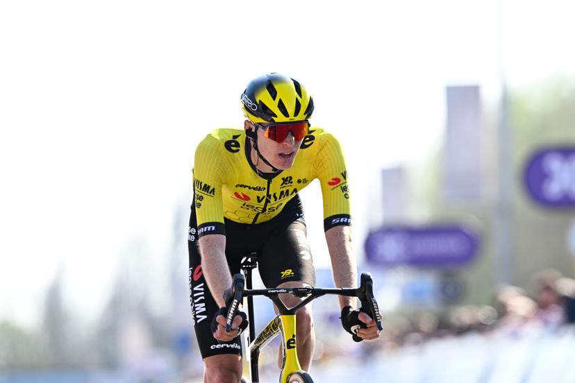 American Matteo Jorgenson of Team Visma-Lease a Bike crosses the finish line as fourth in the men elite race of the 'Dwars Door Vlaanderen' cycling event, 184,2km from Roeselare to Waregem, Wednesday 02 April 2025. BELGA PHOTO JASPER JACOBS