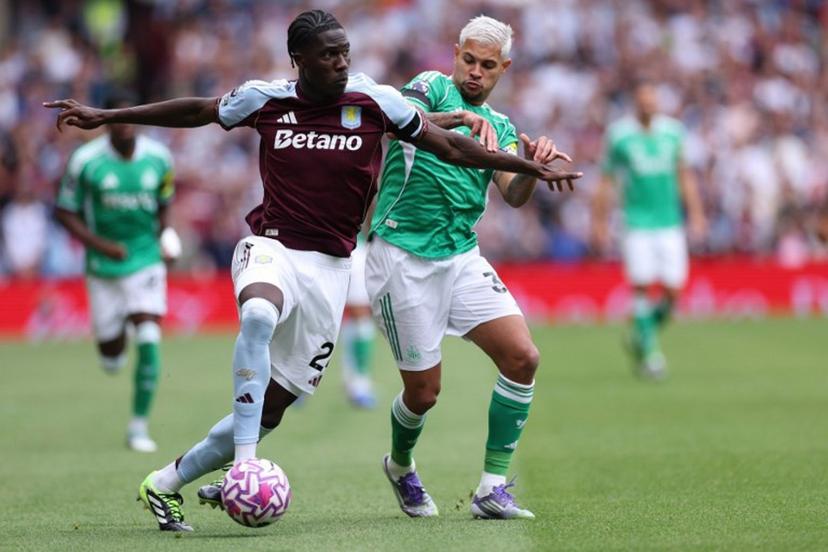 Aston Villa's Belgian defender #24 Amadou Onana (L) vies with Newcastle United's Brazilian midfielder #39 Bruno Guimaraes (R) during the English Premier League football match between Aston Villa and Newcastle United at Villa Park in Birmingham, central England on August 16, 2025.  Adrian Dennis / AFP