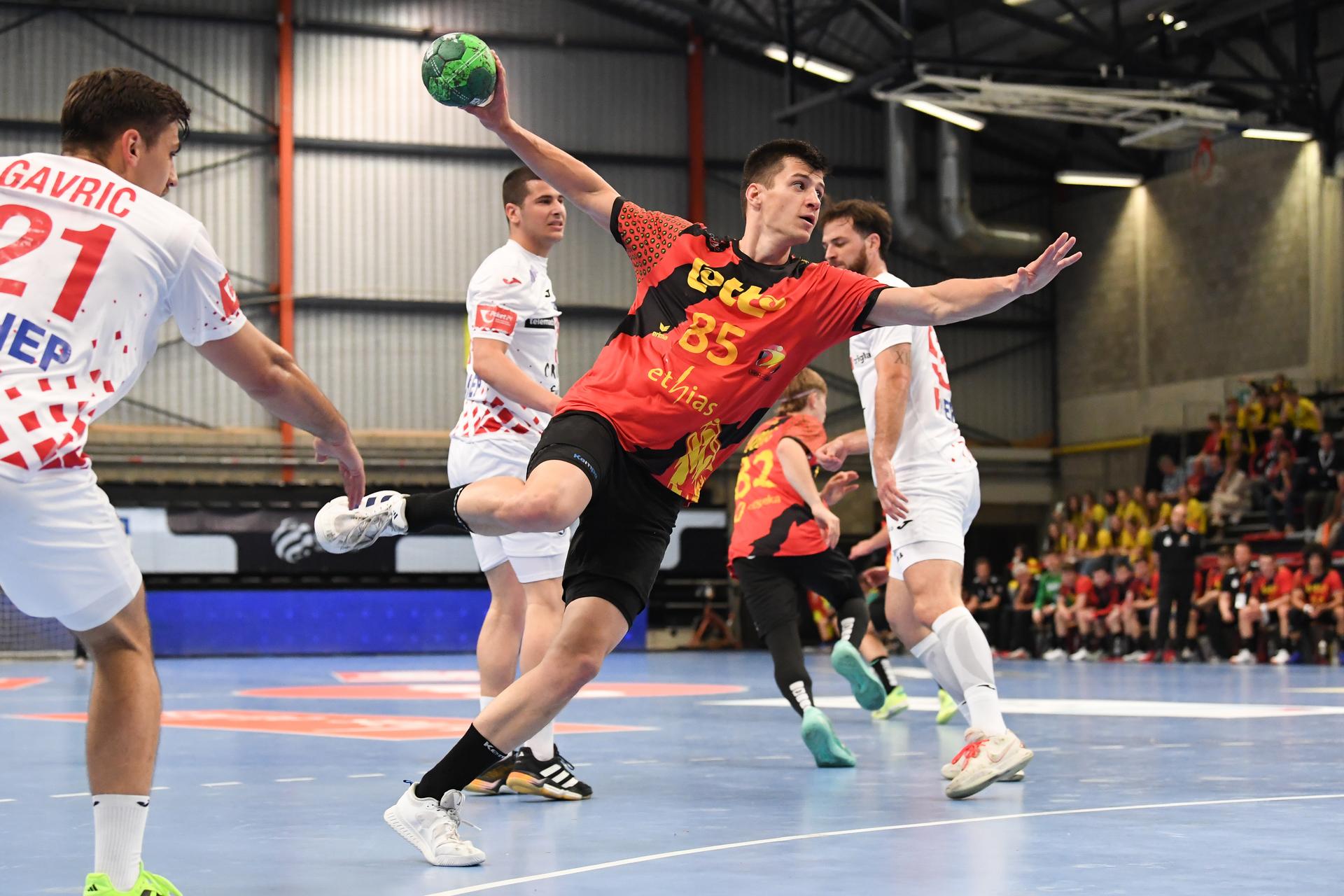 Belgium's Stef Jaeken pictured in action during a handball game between Belgian national team 'Red Wolves' and Croatia, Wednesday 07 May 2025 in Hasselt, game 5/6 in the qualifications for the men's EHF Euro 2026 European Championship. BELGA PHOTO JILL DELSAUX