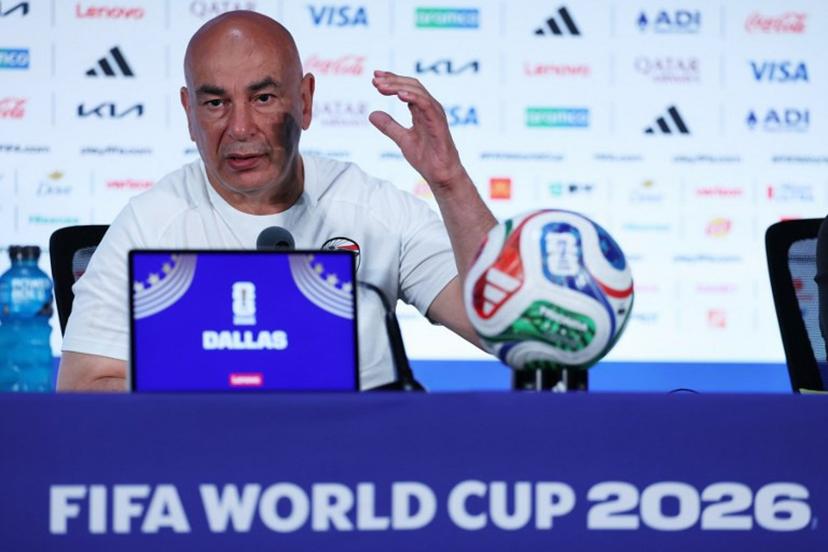 Egypt's head coach Hossam Hassan speaks during a press conference in Dallas, on July 2, 2026, ahead of their match against Australia, during the 2026 World Cup football tournament.   Thomas COEX / AFP
