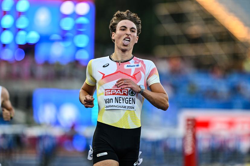 Belgian Zeno Van Neygen reacts during the semifinals of the Men 110m hurdles race, on the second day of the European Athletics Championships (August 10-18) in Birmingham, United Kingdom, on Wednesday 12 August 2026. BELGA PHOTO ERIC LALMAND