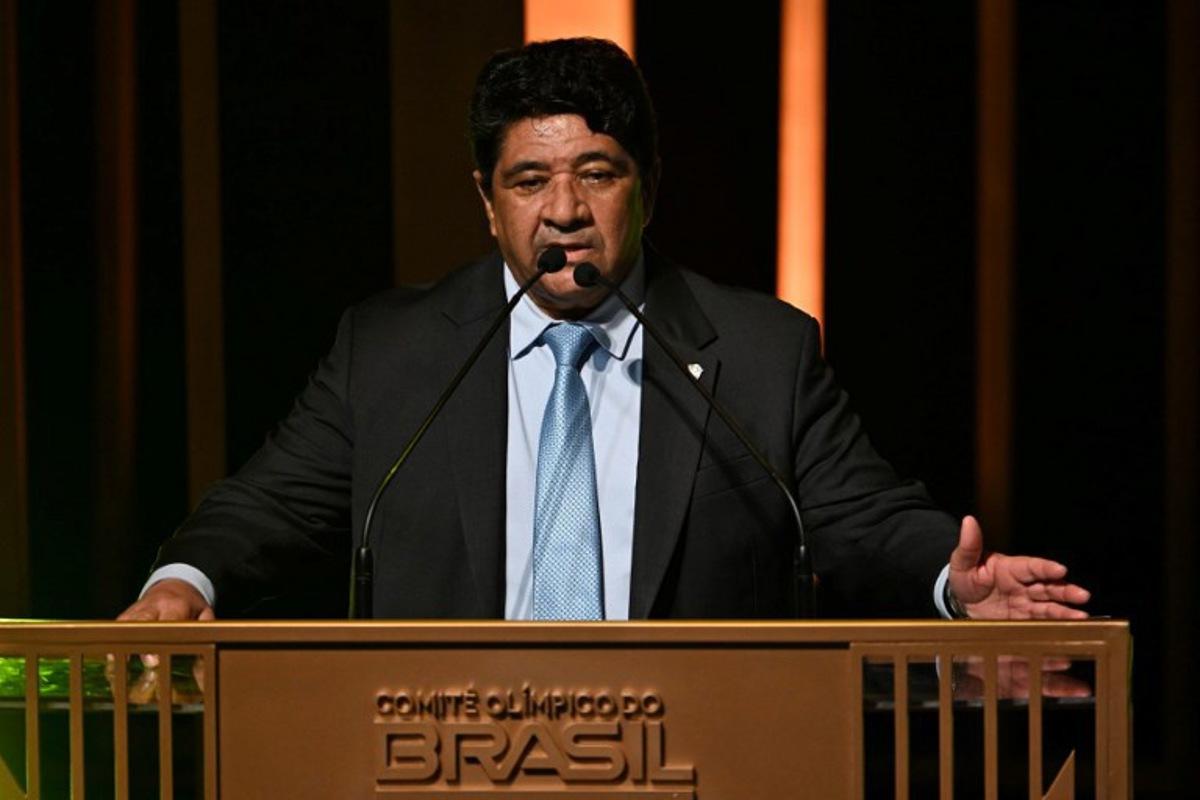 The president of the Brazilian Football Confederation, Ednaldo Rodrigues, delivers a speech after receiving the best team of the year award for the women's national football team during the Brazil Olympic Award, a ceremony to celebrate the best Brazilian olympic athletes, at Vivo Rio music hall in Rio de Janeiro, Brazil, on December 11, 2024.  Mauro PIMENTEL / AFP