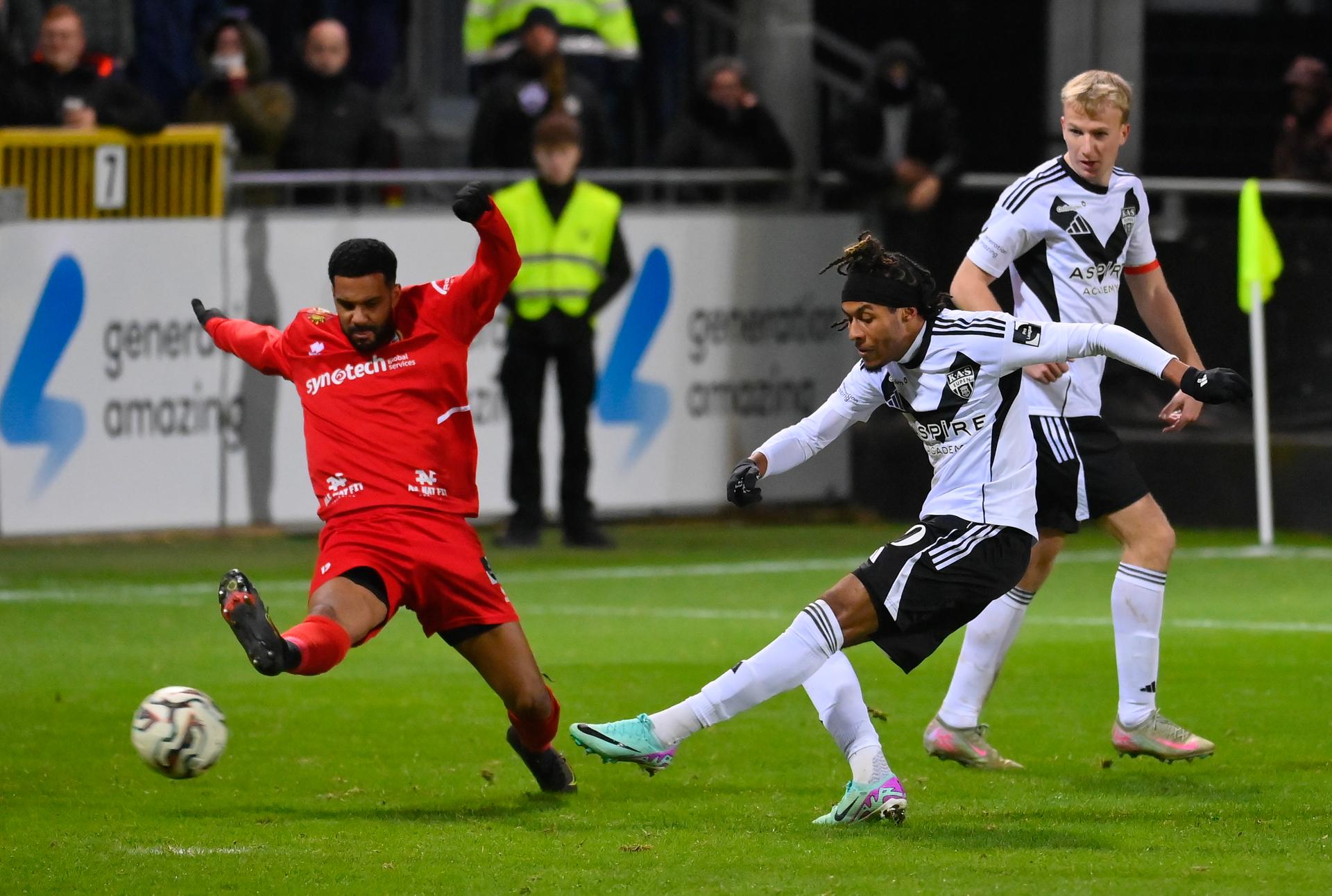 Eupen's Nathan Bitumazala scoring during a soccer game between KAS Eupen and Royal Olympic Charleroi, Sunday 21 December 2025 in Eupen, on day 19 of the 2025-2026 'Challenger Pro League' 1B second division of the Belgian championship. BELGA PHOTO JOHN THYS