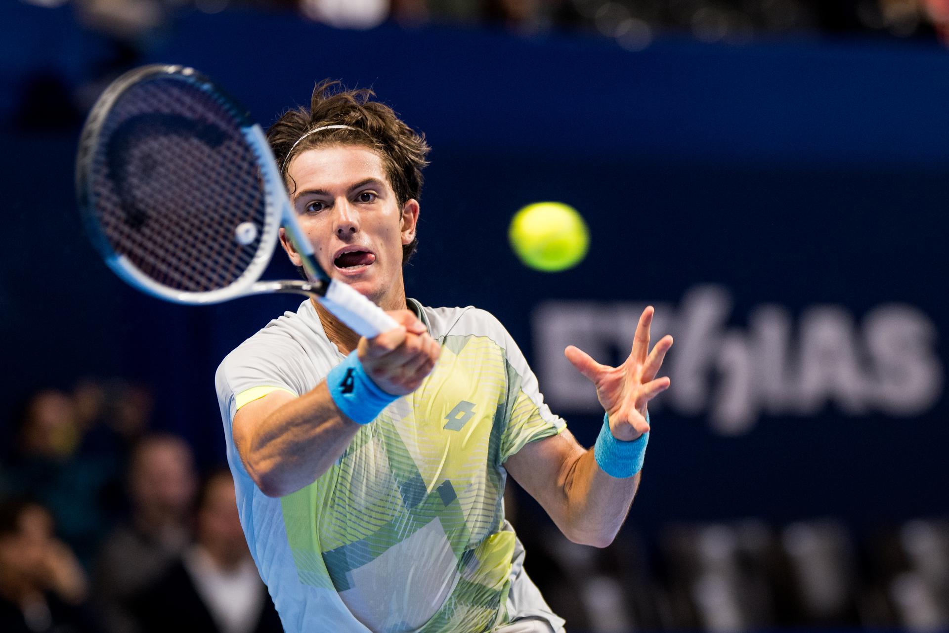 Belgian Gilles-Arnaud Bailly pictured in action during the European Open ATP tennis tournament in Brussels, on Tuesday 14 October 2025. This year's edition of the tournament is taking place from 12 to 19 October 2025. BELGA PHOTO JASPER JACOBS