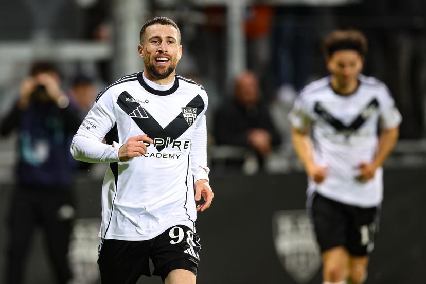 Eupen's Joao Diogo "Kikas" Alves Rodrigues celebrates after scoring during a soccer game between KAS Eupen and Jong Gent, Friday 06 March 2026 in Eupen, on day 28 of the 2025-2026 'Challenger Pro League' 1B second division of the Belgian championship. BELGA PHOTO BRUNO FAHY