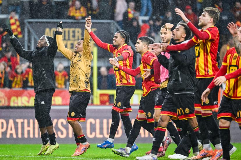 Mechelen's Therence Koudou and Mechelen's Moncef Zekri celebrate after winning a soccer match between KV Mechelen and Sporting Charleroi, Sunday 07 December 2025 in Mechelen, on day 17 of the 2025-2026 'Jupiler Pro League' first division of the Belgian championship. BELGA PHOTO TOM GOYVAERTS