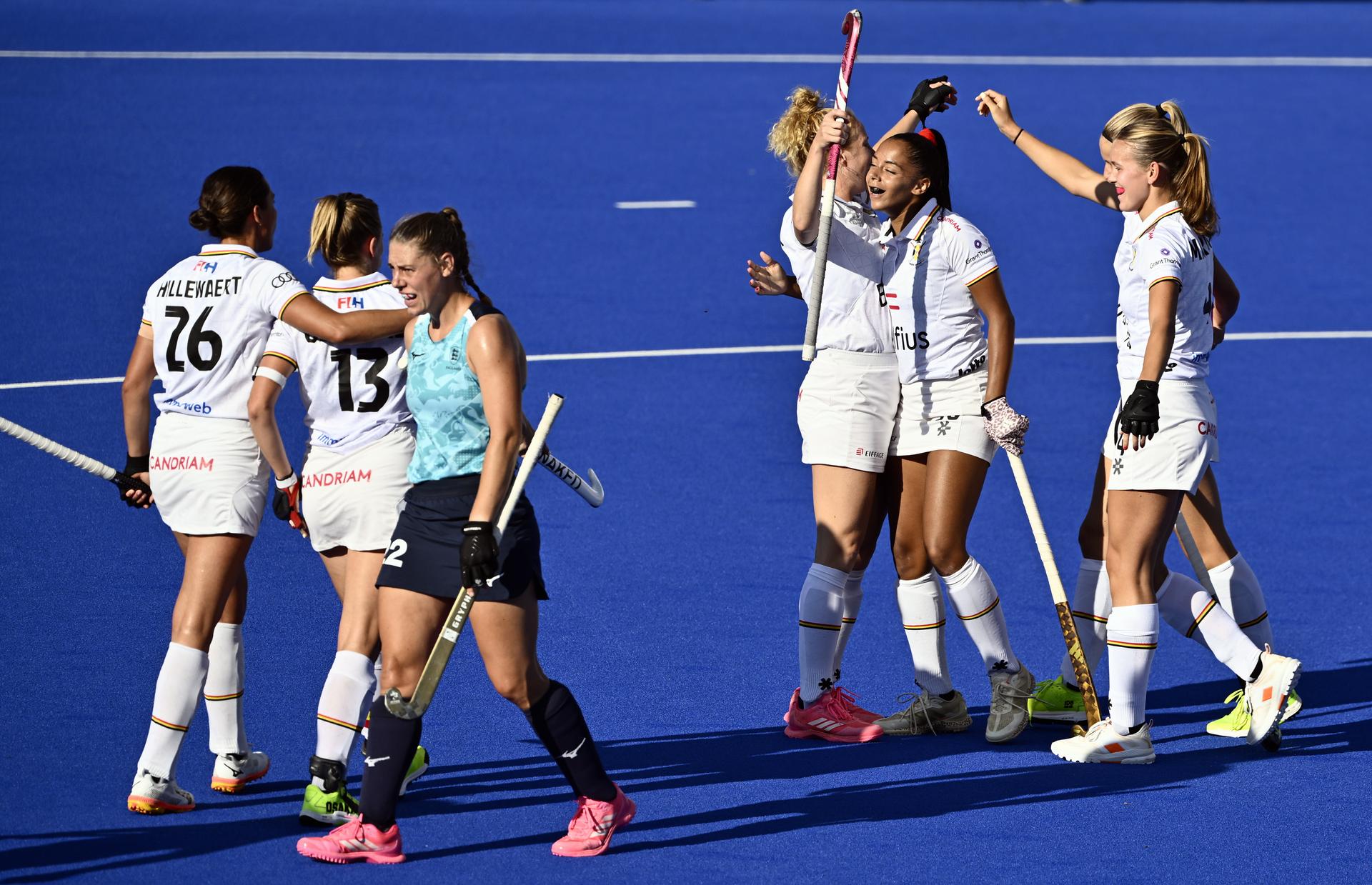 The Red Panthers celebrate after scoring during a hockey game between England and the Belgian national team Red Panthers, match 2/3 in the pool stage of the 2025 women's European championships, Monday 11 August 2025 in Monchengladbach, Germany. BELGA PHOTO ERIC LALMAND