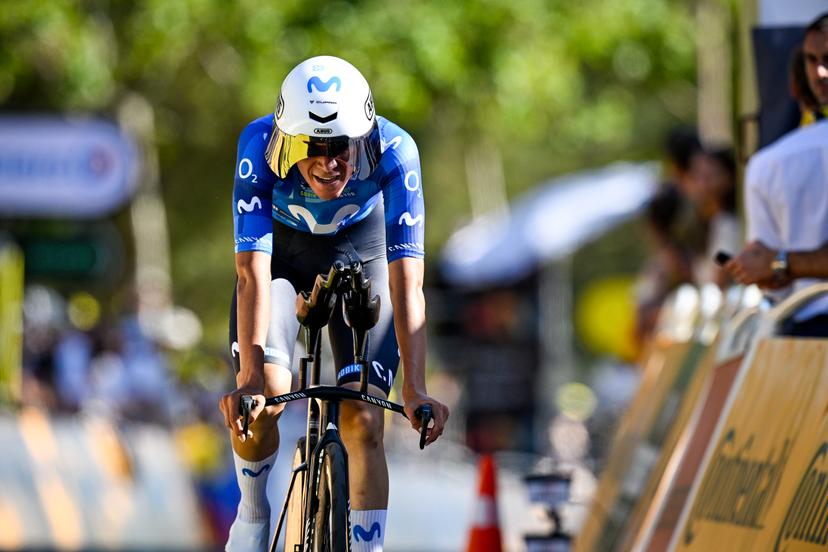 Belgian Cian Uijtdebroeks of Movistar Team crosses the finish line of the first stage of the 2026 Tour de France cycling race, a team time trial of 19km with start and finish in Barcelona, Spain, Saturday 04 July 2026. The 113th edition of the Tour de France starts on Saturday 4 July in Barcelona, Spain, and will finish in Paris, France on the 26th of July. BELGA PHOTO JASPER JACOBS