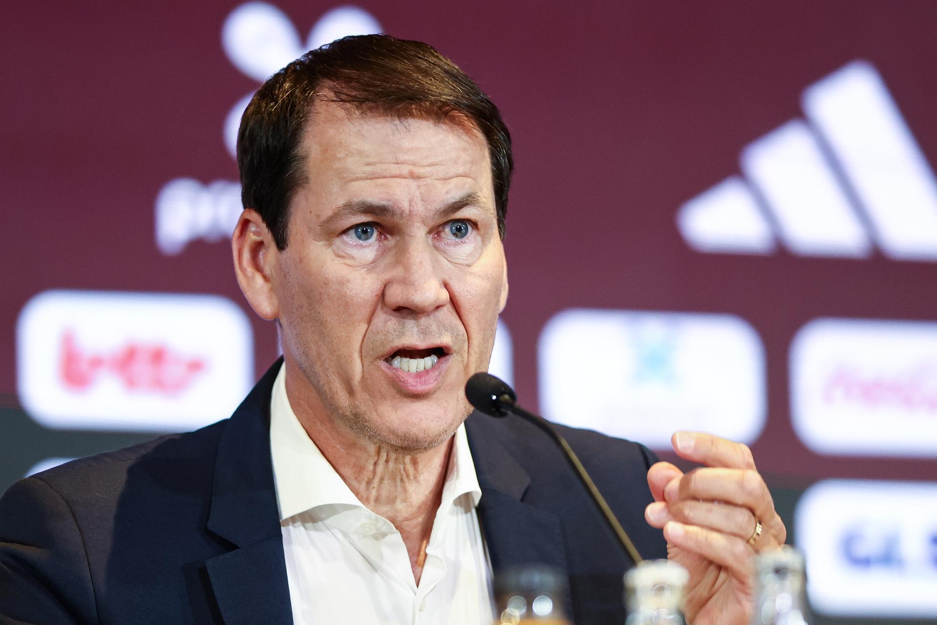 Belgium's head coach Rudi Garcia pictured during a press conference to announce the selection of the Red Devils, the Belgian national soccer team, at the Proximus Basecamp in Tubize, Sunday 18 May 2025. The team is preparing for the matches against Northern Macedonia (06/06) and Wales (09/06). BELGA PHOTO BRUNO FAHY