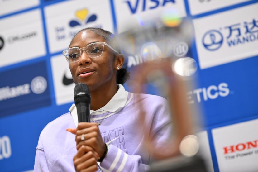 US Melissa Jefferson talks during a press conference on the 49th edition of the Memorial Van Damme athletics event in Brussels, Thursday 21 August 2025. The 2025 Allianz Memorial Van Damme Diamond League meeting takes place on 22 Augustus 2025. BELGA PHOTO JOHN THYS