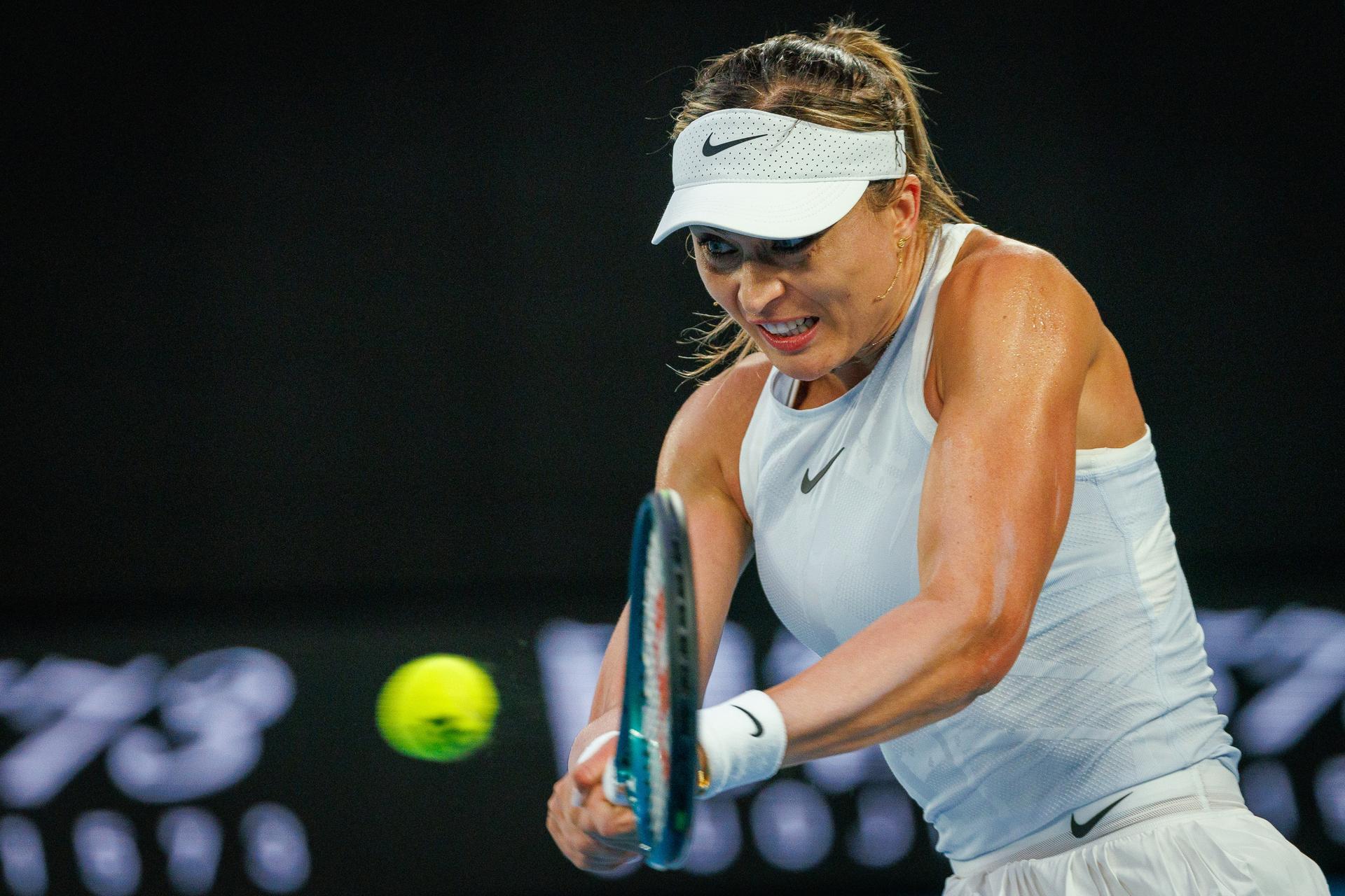 Spanish Paula Badosa pictured in action during a tennis match between Belarusian Sabalenka and Spanish Badosa, in the semi finals of the women's singles at the 'Australian Open' Grand Slam tennis tournament, Thursday 23 January 2025 in Melbourne Park, Melbourne, Australia. The 2025 edition of the Australian Grand Slam takes place from January 12th to January 26th. BELGA PHOTO PATRICK HAMILTON