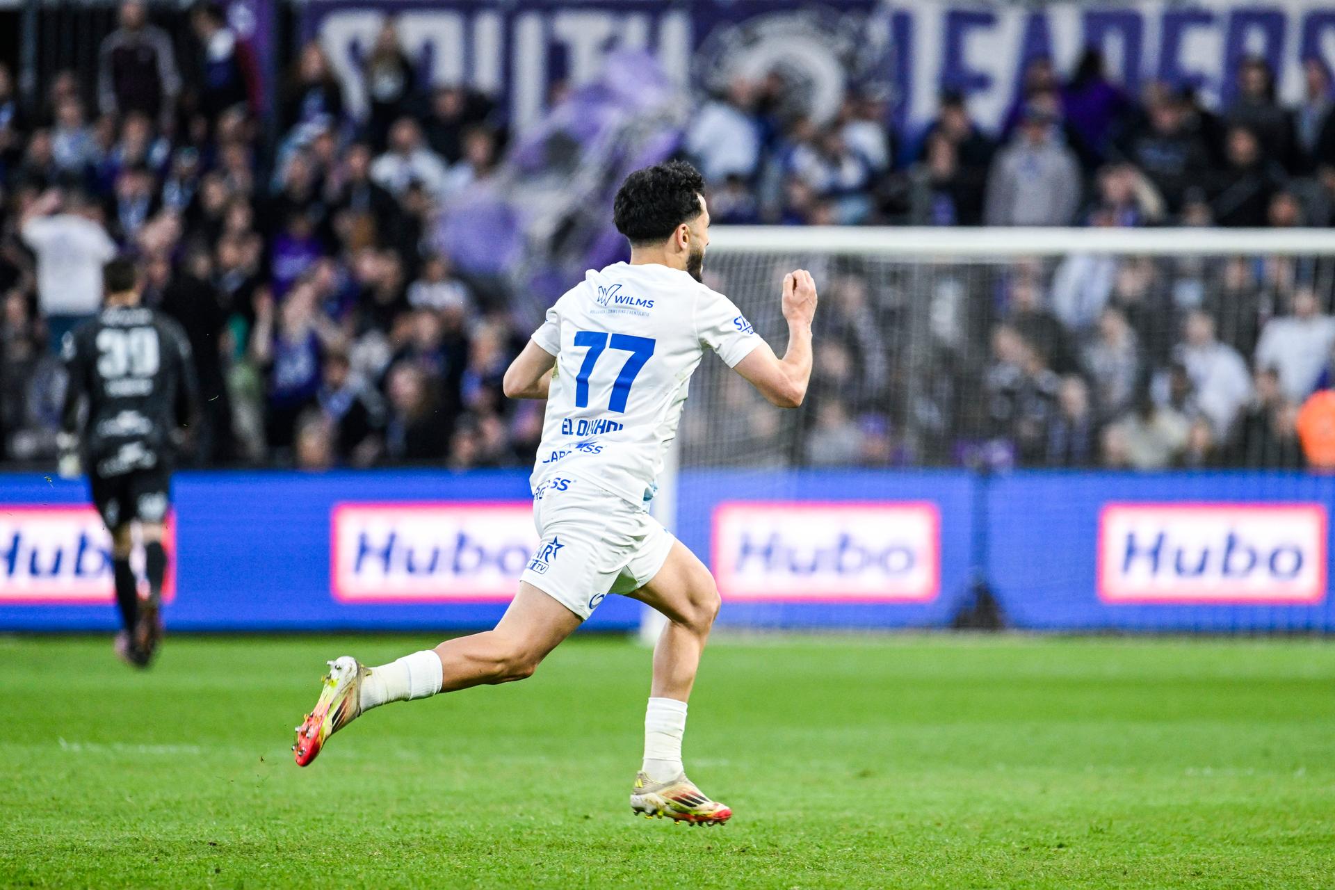 Genk's Zakaria El Ouahdi celebrates after scoring during a soccer match between RSC Anderlecht and KRC Genk, Sunday 06 April 2025 in Brussels, on day 2 (out of 10) of the Champions' Play-offs of the 2024-2025 'Jupiler Pro League' first division of the Belgian championship. BELGA PHOTO TOM GOYVAERTS