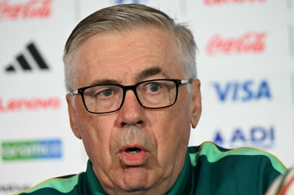 Brazil's Italian head coach Carlo Ancelotti speaks during a press conference on the eve of the 2026 World Cup Round of 32 football match between Brazil and Japan at Houston stadium in Houston on June 28, 2026.   RONALDO SCHEMIDT / AFP