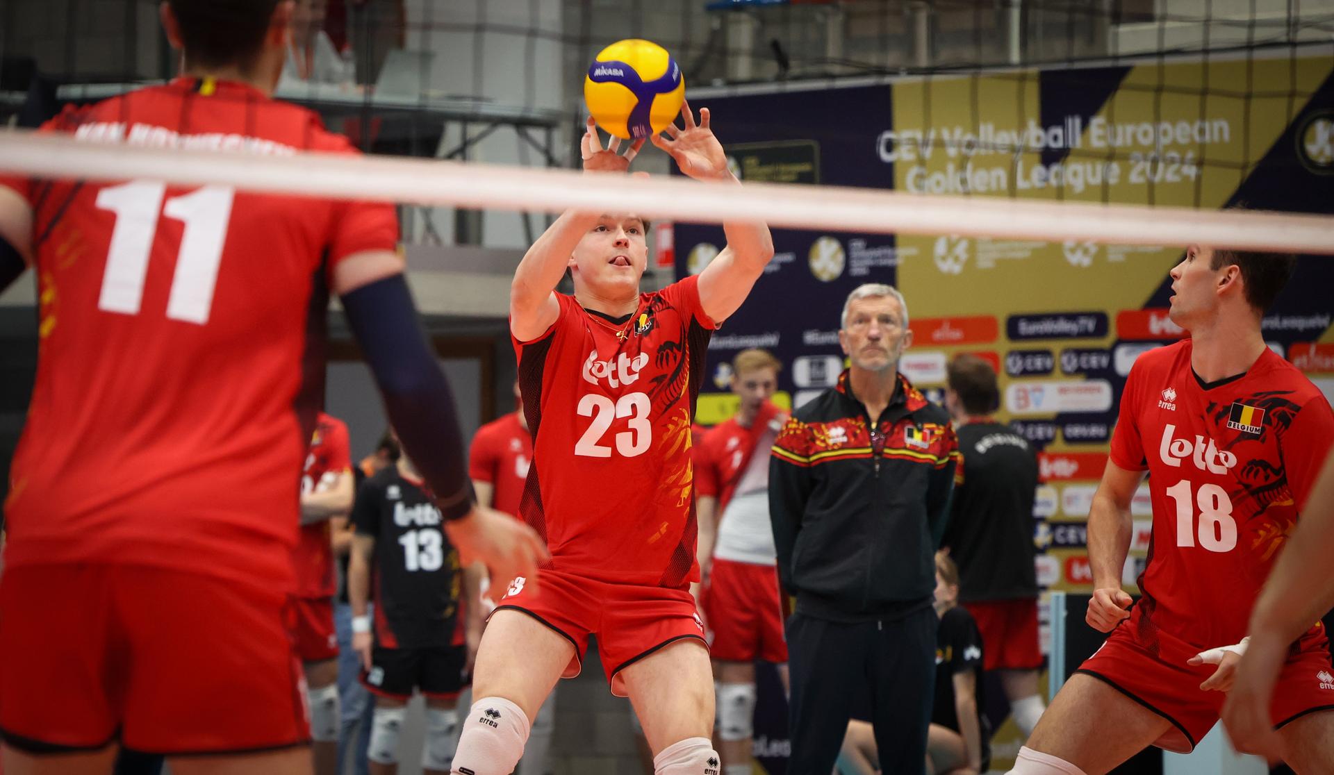23Belgium's Pierre Perin and pictured in action during a volleyball match between Belgium's national men's volleyball team, the Red Dragons, and the Azeri national men's volleyball team, in match 3/6 of the League Round of the European Golden League men, in Beveren, Friday 24 May 2024. BELGA PHOTO VIRGINIE LEFOUR