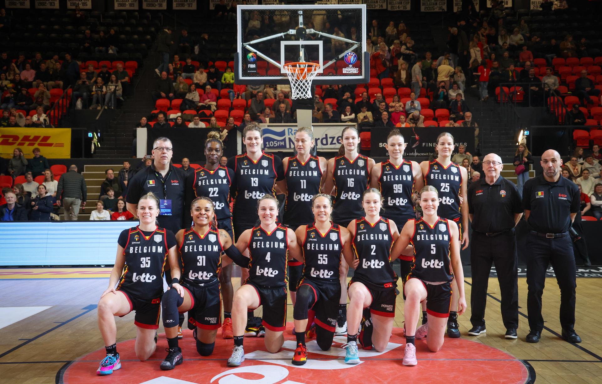 Belgian Cats' players pose for the photographer at a basketball game between Belgian national team the Belgian Cats and Azerbaijan, a qualification game (5/6) for the 2025 Eurobasket tournament, on Thursday 06 February 2025 in Oostende, Belgium. BELGA PHOTO VIRGINIE LEFOUR