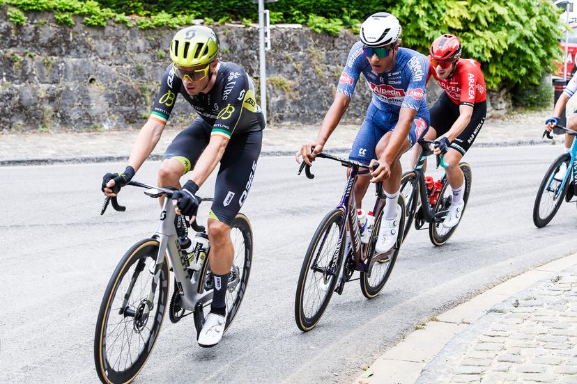 Irish Rory Townsend of Q36.5 Pro Cycling Team and Belgian Sente Sentjens of Alpecin-Deceuninck pictured in action during the 'Druivenkoers' one day cycling race, 206,3 km from and to Overijse, Friday 23 August 2024. BELGA PHOTO MARC GOYVAERTS