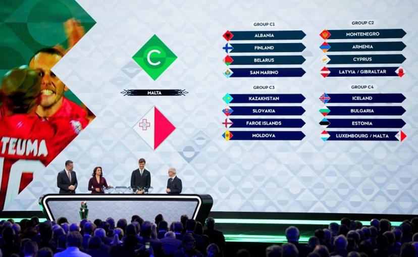 (From L) Hosts Pedro Pinto and Seema Jaswal, former Spanish international Fernando Llorente and UEFA deputy General Secretary Giogio Marchetti stand in front of the screan displaying the countries that will be part of the C groups of the 2026/27 UEFA Nations League league phase during the draw ceremony as part of the European football governing body's 50th annual Ordinary Congress in Brussels on February 12, 2026.  Pau BARRENA / AFP