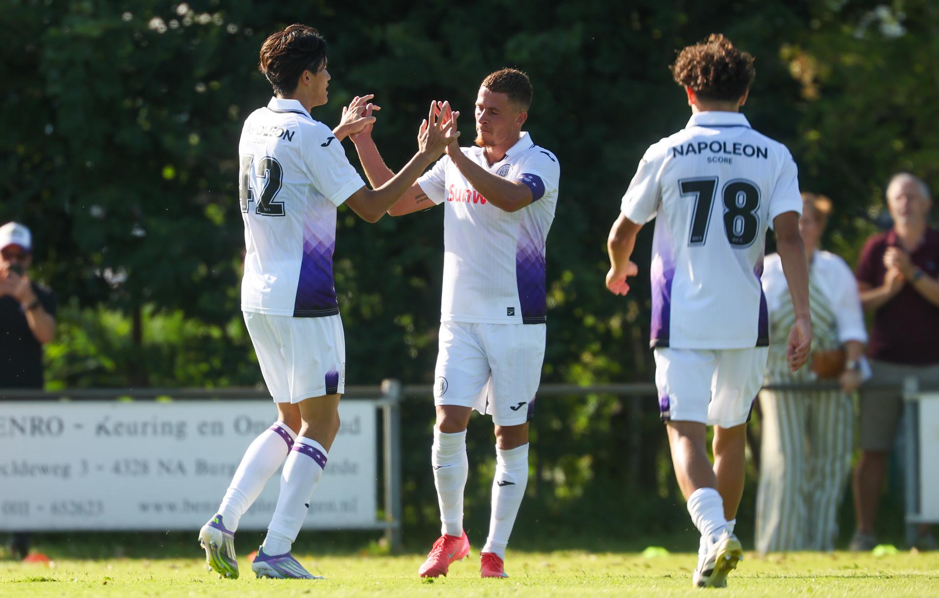 Anderlecht's Keisuke Goto celebrates after scoring during a friendly soccer game between Belgian soccer team RSC Anderlecht and Dutch team Dordrecht, during their summer camp in Renesse, the Netherlands on Saturday 12 July 2025. The team is preparing for the upcoming 2025-2026 first division season. BELGA PHOTO VIRGINIE LEFOUR
