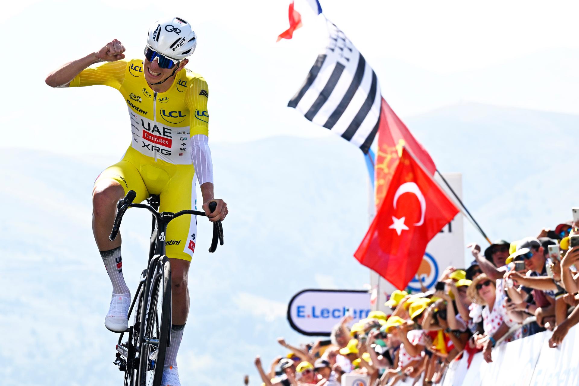 Slovenian Tadej Pogacar of UAE Team Emirates pictured at the finish of stage 13 of the 2025 Tour de France cycling race, an 11km individual time trial from Loudenvielle to Peyragudes, on Friday 18 July 2025 in France. The 112th edition of the Tour de France starts on Saturday 5 July in Lille, France, and will finish in Paris, France on the 27th of July.   BELGA PHOTO JASPER JACOBS