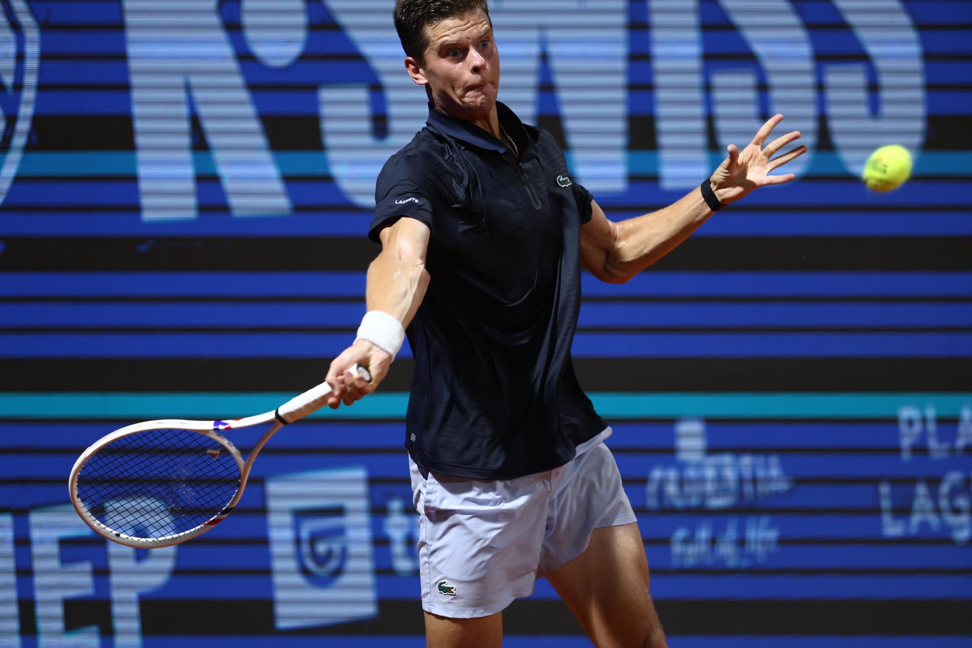 Alexander Blockx of Belgium competes during the first round match against Titouan Droguet of France at the ATP Croatia Open Umag at Stadium "Goran Ivanisevic" on July 14, 2026. in Umag, Croatia. Photo: Srecko Niketic/PIXSELL BELGIUM ONLY