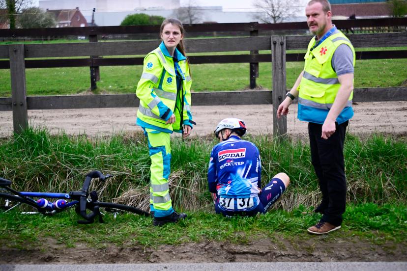 Belgian Dries Van Gestel of Soudal Quick-Step pictured after a fall during the 'E3 Saxo Bank Classic' one day cycling race, 208,8 km from and to Harelbeke, on Friday 28 March 2025. BELGA PHOTO DIRK WAEM