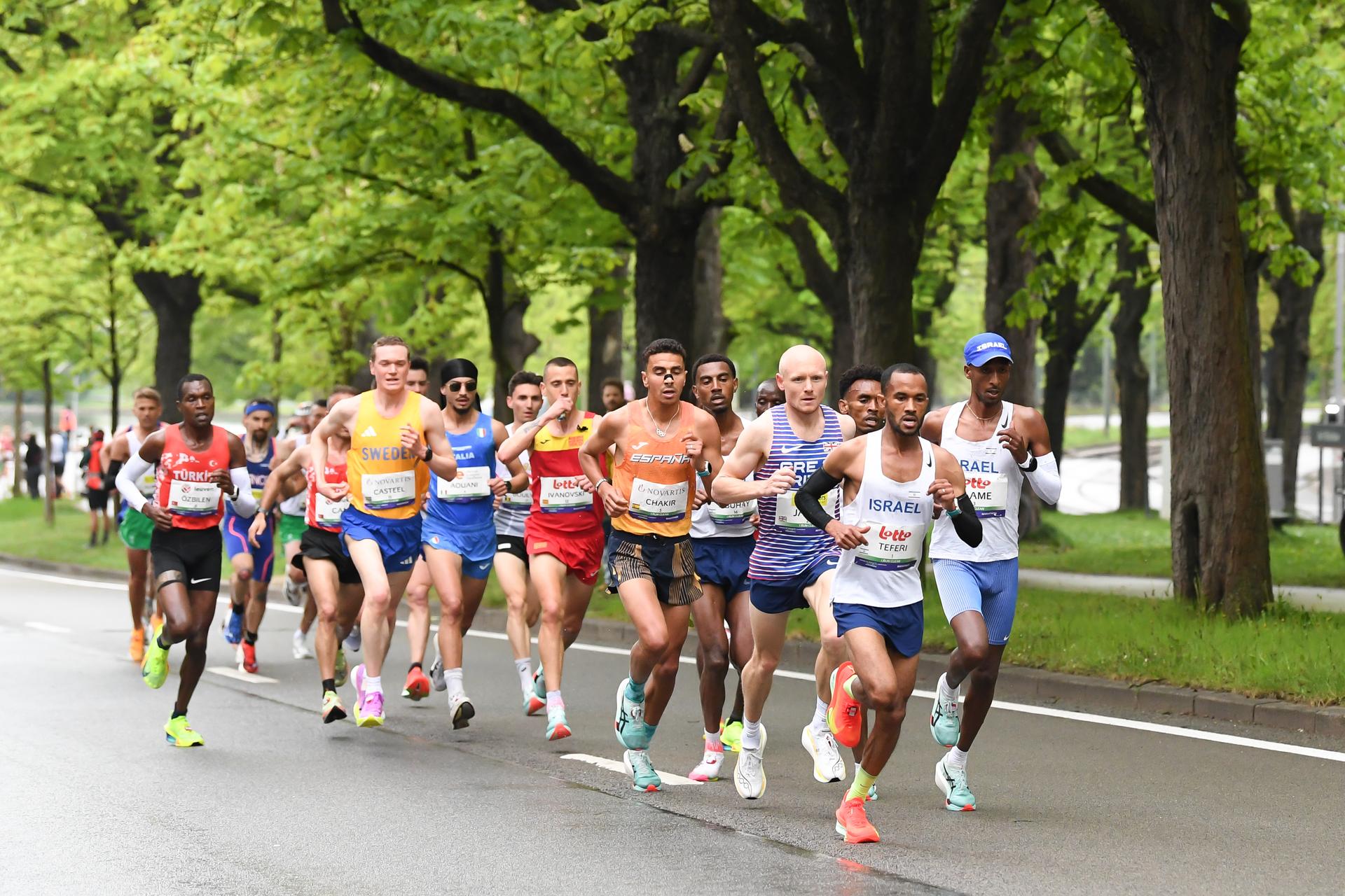 Athletes pictured in action during the marathon race at European Running Championships, from Leuven to Brussels, Sunday 13 April 2025. BELGA PHOTO JILL DELSAUX