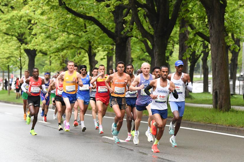 Athletes pictured in action during the marathon race at European Running Championships, from Leuven to Brussels, Sunday 13 April 2025. BELGA PHOTO JILL DELSAUX