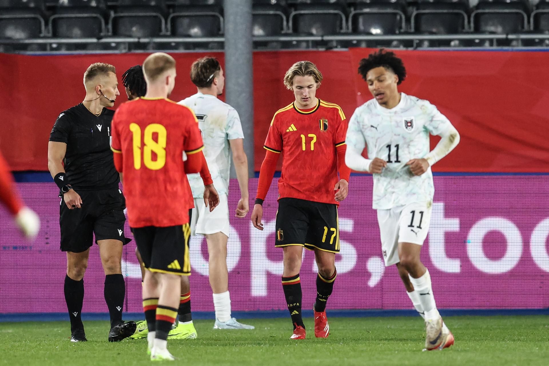 Belgian Romeo Vermant reacts during a game of the Belgian national soccer team Red Devils U21 against Austria, on the day 8 of the qualifications in the group I for the 2027 Euro, in Leuven, Friday 27 March 2026. BELGA PHOTO BRUNO FAHY