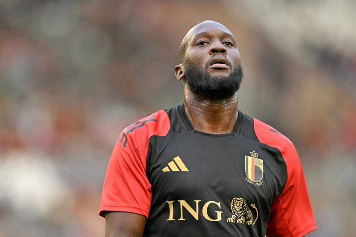 Belgium's forward #10 Romelu Lukaku kicks looks on during the warm up ahead of the FIFA World Cup 2026 Group J European qualification football match between Belgium and Wales at the King Baudouin Stadium in Brussels, on June 9, 2025.  NICOLAS TUCAT / AFP