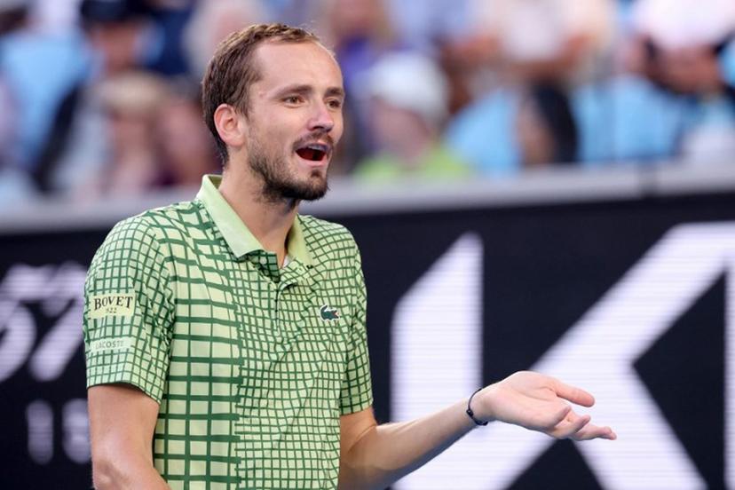 Russia's Daniil Medvedev reacts on a point to USA's Learner Tien during their men's singles match on day eight of the Australian Open tennis tournament in Melbourne on January 25, 2026.  DAVID GRAY / AFP