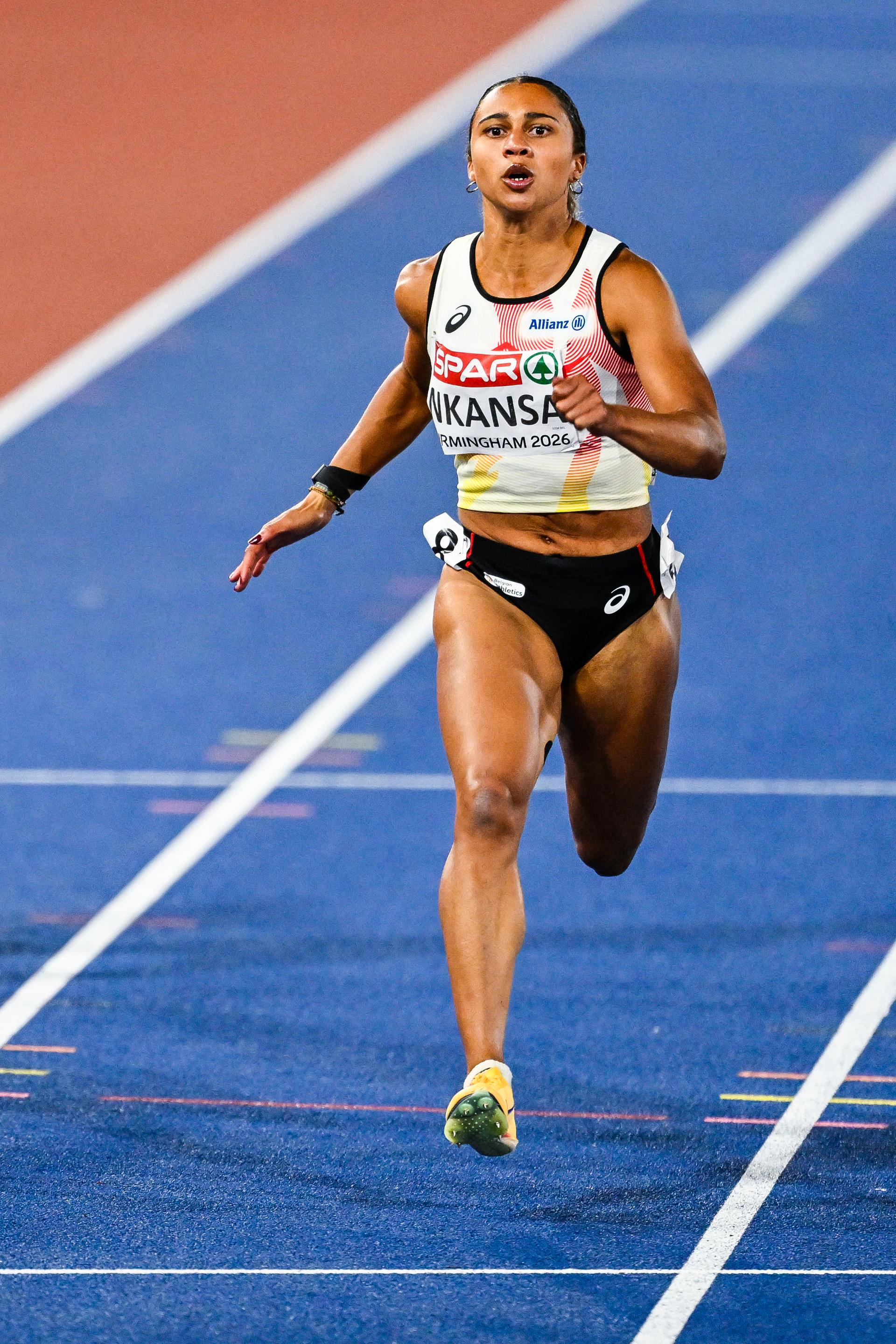 Third placed Belgian Delphine Nkansa pictured on the finish line of the final of the women's 100m race at the European Athletics Championships (August 10-18) in Birmingham, United Kingdom, on Monday 10 August 2026. BELGA PHOTO ERIC LALMAND