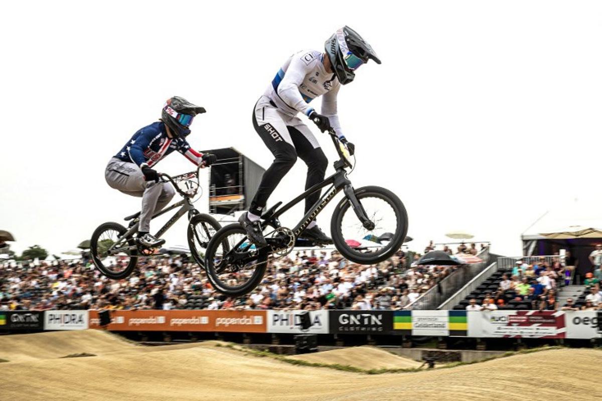 France's Arthur Pilard (R) competes during the 12th edition of the 2025 UCI BMX Racing World Cup in Arnhem on June 22, 2025.  Bart Stoutjesdijk / ANP / AFP