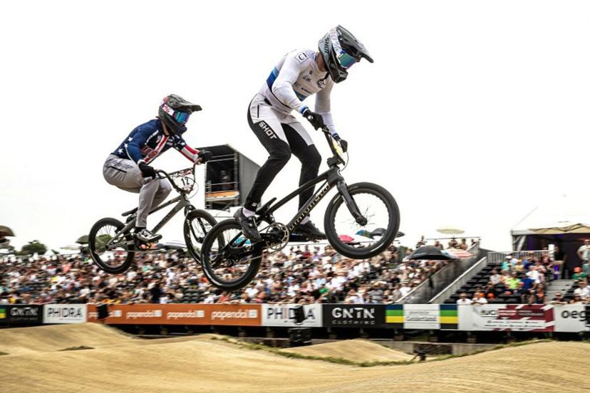 France's Arthur Pilard (R) competes during the 12th edition of the 2025 UCI BMX Racing World Cup in Arnhem on June 22, 2025.  Bart Stoutjesdijk / ANP / AFP