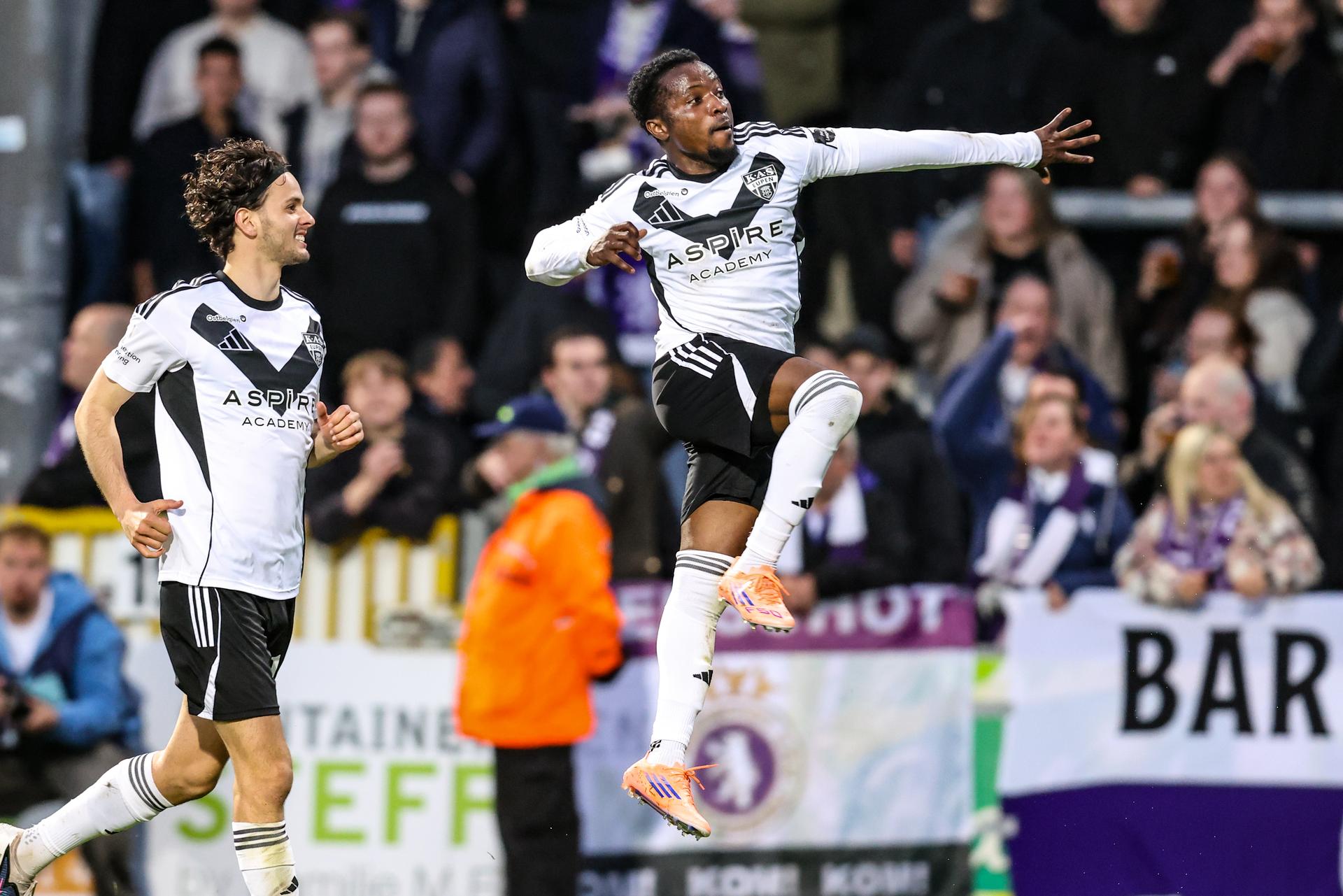 Eupen's Isaac Nuhu celebrates after scoring during a soccer game between KAS Eupen and Beerschot VA, Friday 10 April 2026 in Eupen, on day 33 of the 2025-2026 'Challenger Pro League' 1B second division of the Belgian championship. BELGA PHOTO BRUNO FAHY