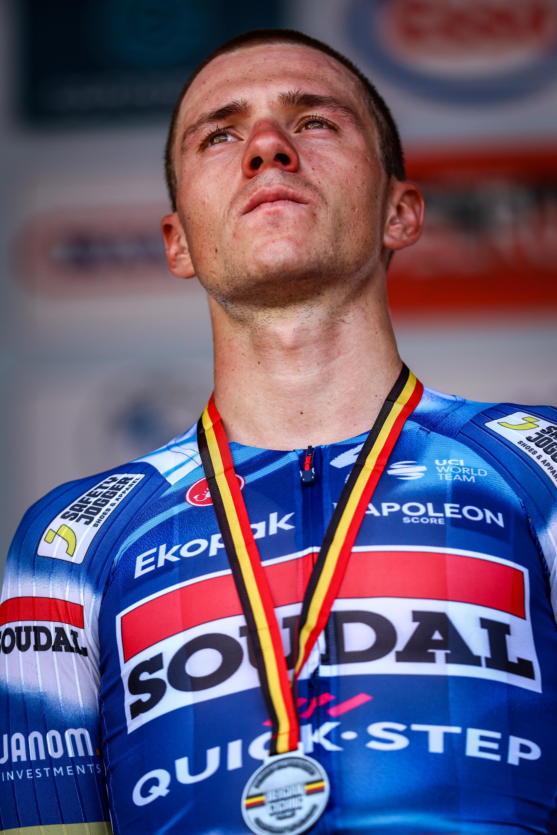 Belgian Remco Evenepoel of Soudal Quick-Step pictured on the podium after the men's elite road race of the Belgian Cycling Championships, 230km from and to the Grand Place square in Binche on Sunday 29 June 2025. BELGA PHOTO DAVID PINTENS