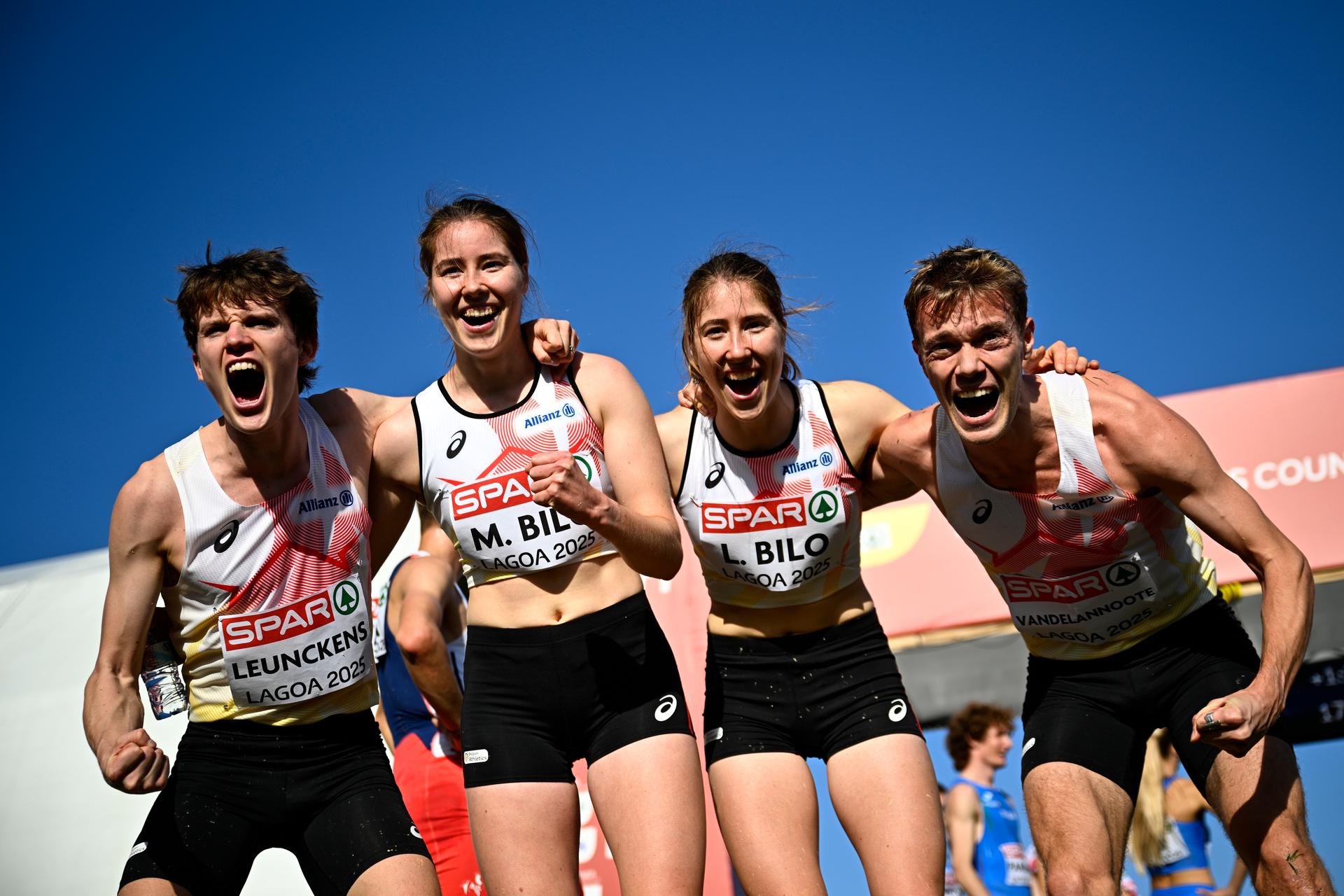 Belgian Ward Leunckens, Belgian Marie Bilo, Belgian Laure Bilo and Belgian Tibaut Vandelannoote celebrate their fifth place in the Mixed Relay 4x1500m race at the 2025 SPAR European Cross Country Championships, in Lagoa, Portugal, Sunday 14 December 2025. BELGA PHOTO JASPER JACOBS