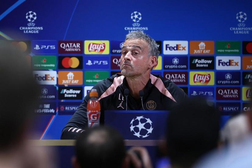 Paris Saint-Germain's Spanish headcoach Luis Enrique holds a press conference on the eve of Paris Saint-Germain's second leg semi-final UEFA Champions League match against Arsenal, at the club's training ground in Poissy, west of Paris, on May 6, 2025.  FRANCK FIFE / AFP