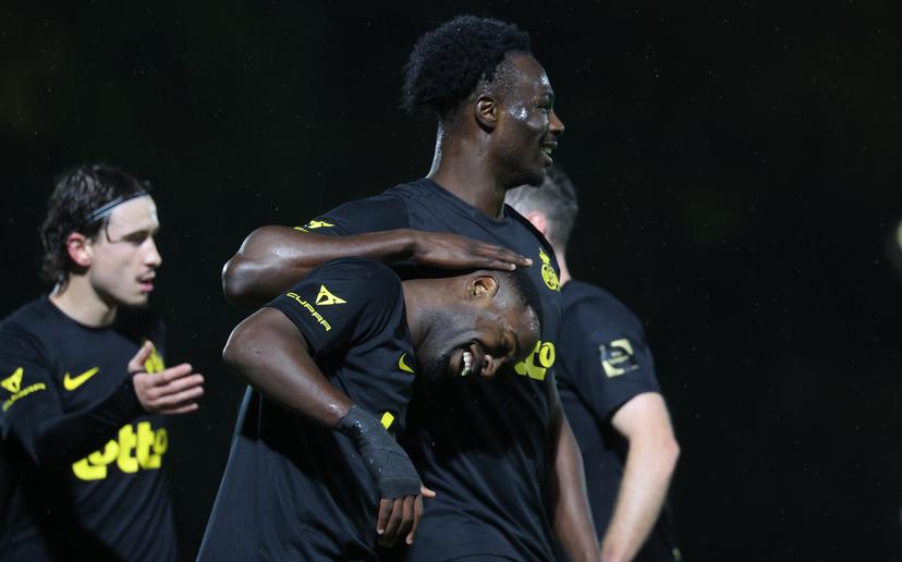 Union's Promise David celebrates after scoring during a soccer game between Tubize-Braine (1N) and Royale Union Saint-Gilloise, in the 1/16 final of the Croky Cup Belgian cup, Wednesday 29 October 2025 in Tubize. BELGA PHOTO VIRGINIE LEFOUR