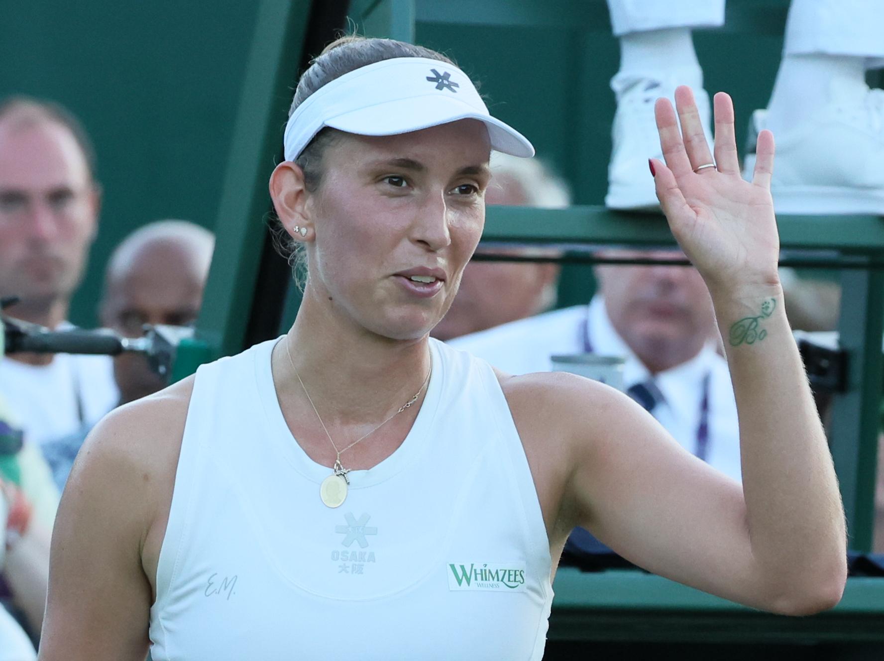 Belgian Elise Mertens celebrates after winning a tennis match against Czech Fruhvirtova, in the first round of the women's singles at the 2025 Wimbledon grand slam tournament, Monday 30 June 2025 at the All England Tennis Club, in South-West London, Britain. BELGA PHOTO BENOIT DOPPAGNE