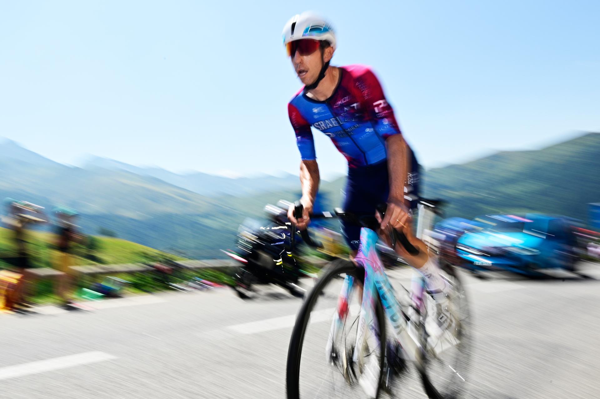Canadian Michael Woods of Israel-Premier Tech pictured in action during stage 13 of the 2025 Tour de France cycling race, an 11km individual time trial from Loudenvielle to Peyragudes, on Friday 18 July 2025 in France. The 112th edition of the Tour de France starts on Saturday 5 July in Lille, France, and will finish in Paris, France on the 27th of July.   BELGA PHOTO DIRK WAEM