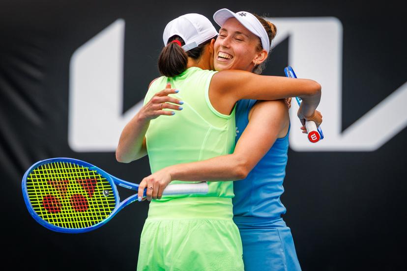 Belgian Elise Mertens (R) and her Chinese partner Shuai Peng celebrate during a doubles tennis match against Taiwanese-Japanese pair Wu-Hozumi, in the quarterfinals of the women doubles at the Australian Open, Melbourne Park, Melbourne on Wednesday 28 January 2026. Mertens - Zhang won the game. BELGA PHOTO PATRICK HAMILTON  --- BENELUX ONLY   ---