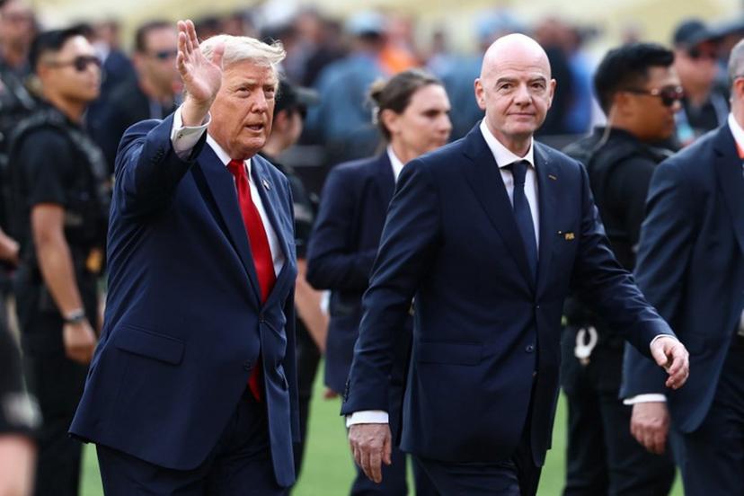 FIFA President Gianni Infantino (R) and US President Donald Trump arrive for the final ceremony after the 2026 World Cup football tournament final match between Spain and Argentina at the New York/New Jersey Stadium in East Rutherford on July 19, 2026.   CHARLY TRIBALLEAU / AFP