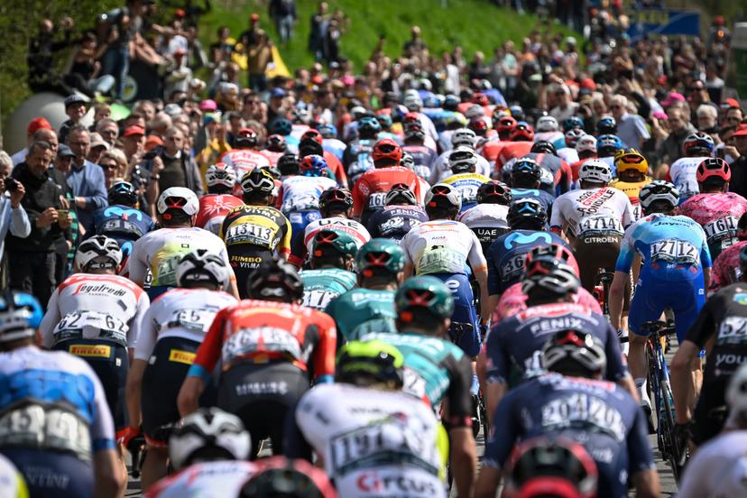 Illustration picture shows the pack of riders in action during the Liege-Bastogne-Liege one day cycling race, 257,5km from Liege to Liege, Sunday 24 April 2022, in Liege. BELGA PHOTO ERIC LALMAND