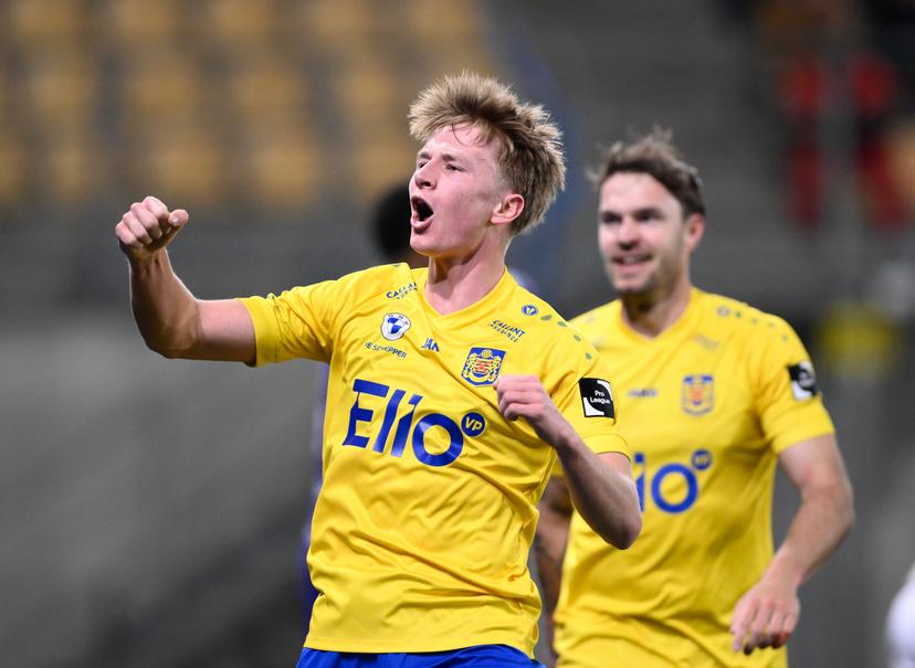 Beveren's Ferre Slegers celebrates after scoring during a soccer game between SK Beveren and RFC Liege, Saturday 21 March 2026 in Beveren, on day 31 of the 2025-2026 'Challenger Pro League' 1B second division of the Belgian championship. BELGA PHOTO JOHN THYS
